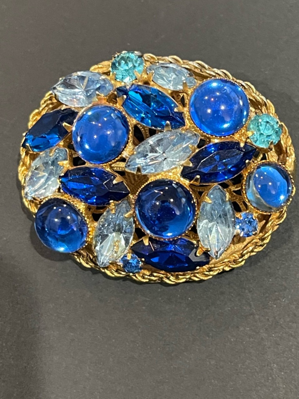 Vintage Royal Blue Navette Rhinestone Cabochon Domed Oval Brooch Pin